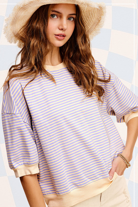 LAVENDER CREW NECK STRIPE SHORT SLEEVE TOP