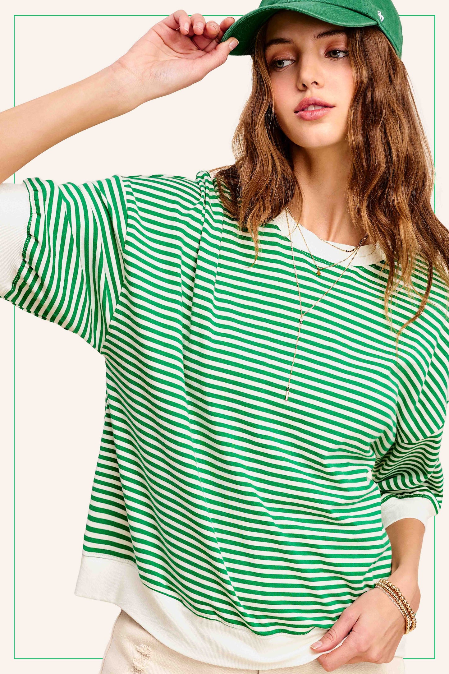 GREEN AND WHITE CREW NECK STRIPE SHORT SLEEVE TOP