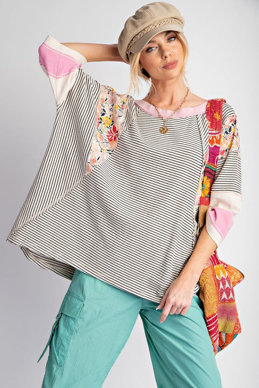 STRIPED MIX PRINT SLEEVES WASHED TOP