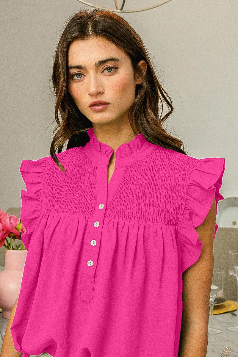 FUCSHIA RUFFLED ARMHOLE SMOCKED YOKE TOP