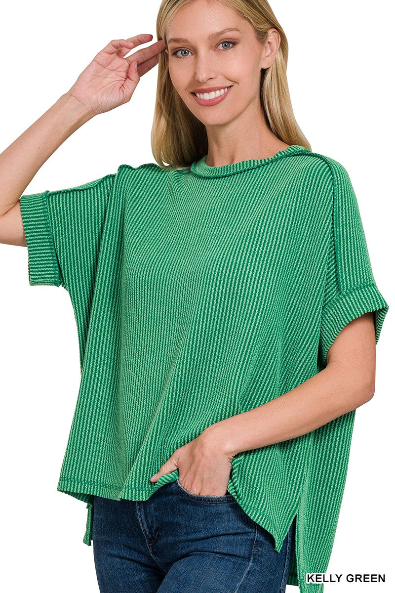 KELLY GREEN CORDED RIB SHORT CUFF SLEEVE RAW EDGE TOP