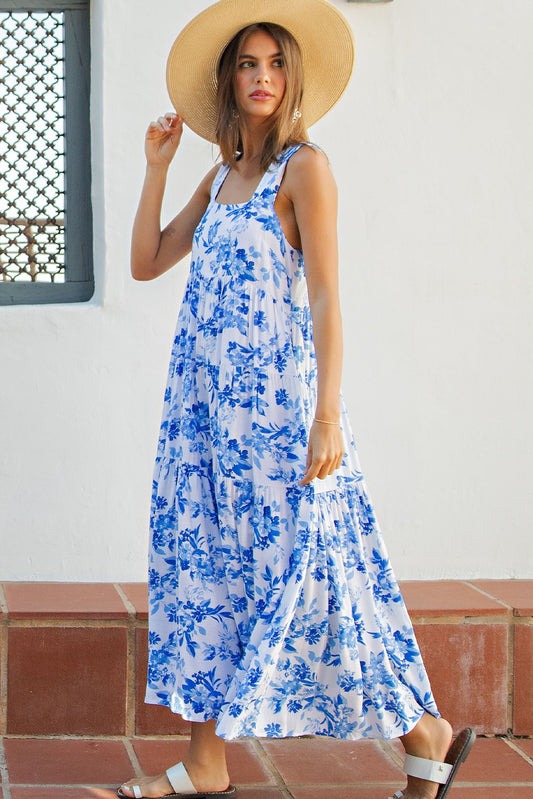 FRENCH BLUE FLORAL PRINT TIERED MIDI DRESS