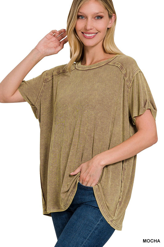 MOCHA WASHED RIBBED SHORT SLEEVE BOAT-NECK TOP