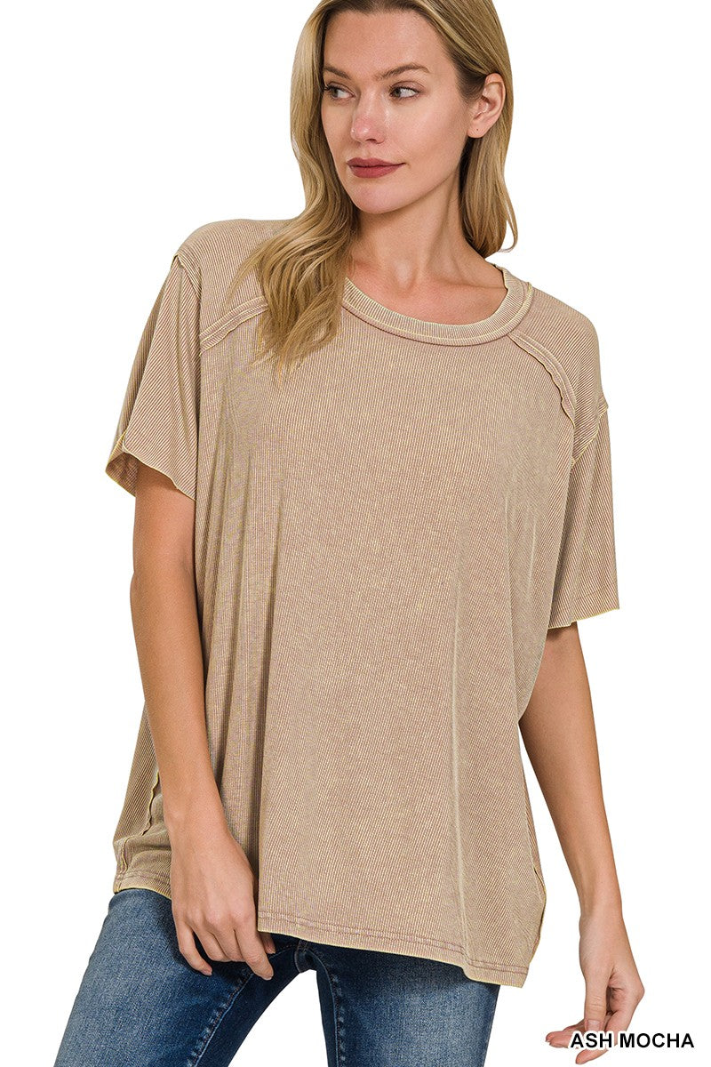 ASH MOCHA WASHED RIBBED SHORT SLEEVE BOAT-NECK TOP