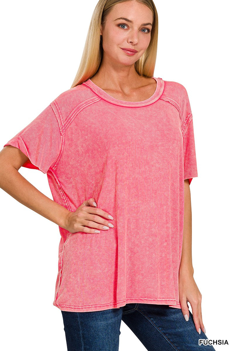 FUCHSIA WASHED RIBBED SHORT SLEEVE BOAT-NECK TOP