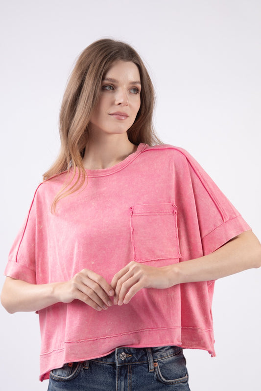 Pink Oversized Washed Crop Comfy Knit Top