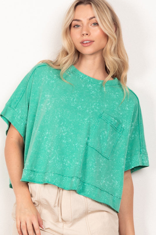 Green Oversized Washed Crop Comfy Knit Top