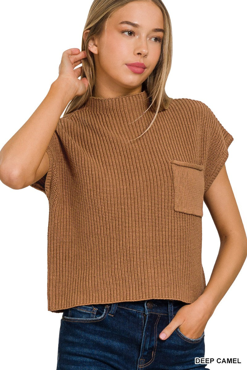 DEEP CAMEL MOCK NECK SHORT SLEEVE CROPPED SWEATER