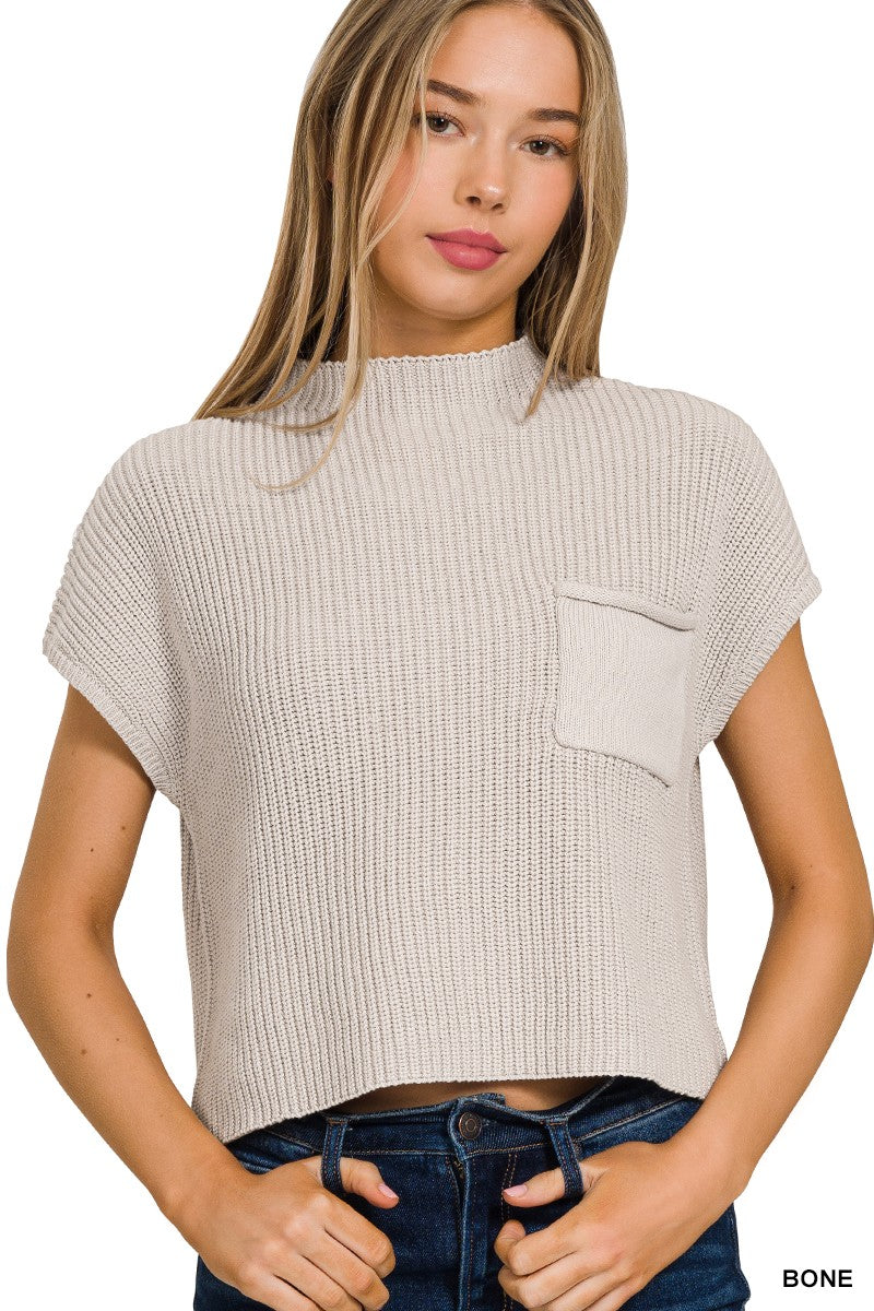 BONE MOCK NECK SHORT SLEEVE CROPPED SWEATER