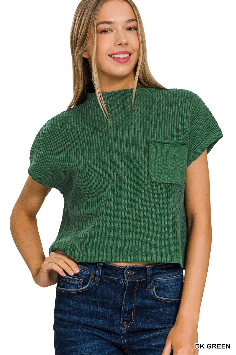 DARK GREEN MOCK NECK SHORT SLEEVE CROPPED SWEATER