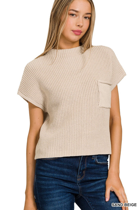 SAND BEIGE MOCK NECK SHORT SLEEVE CROPPED SWEATER