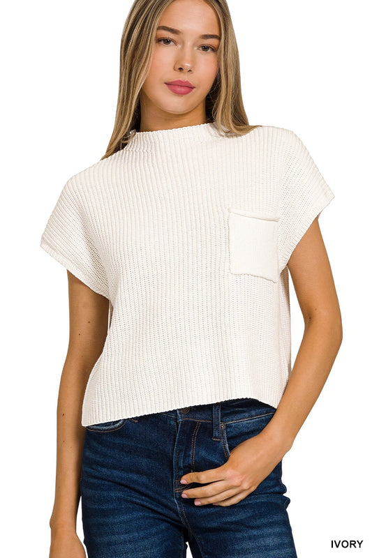 IVORY MOCK NECK SHORT SLEEVE CROPPED SWEATER