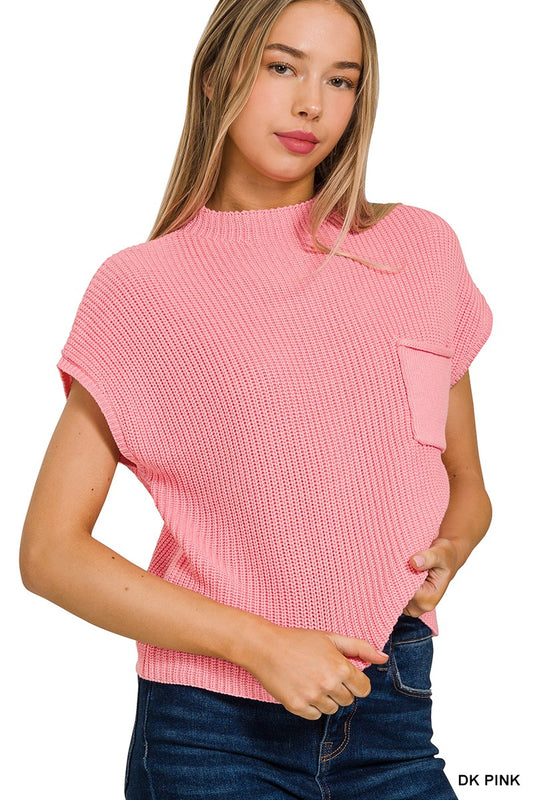 PINK MOCK NECK SHORT SLEEVE CROPPED SWEATER