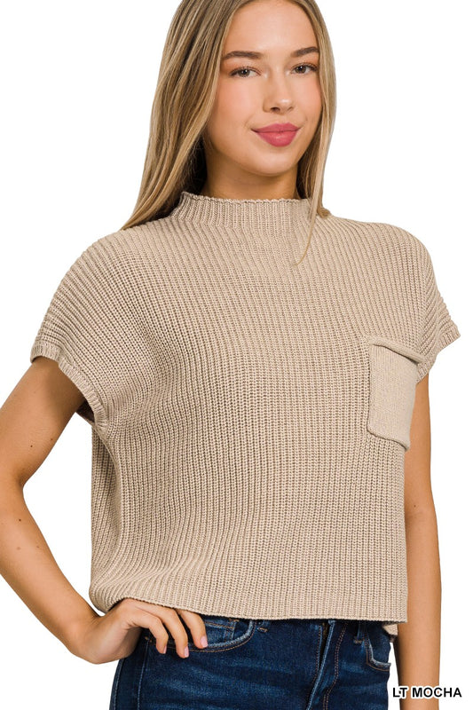 LIGHT MOCHA MOCK NECK SHORT SLEEVE CROPPED SWEATER