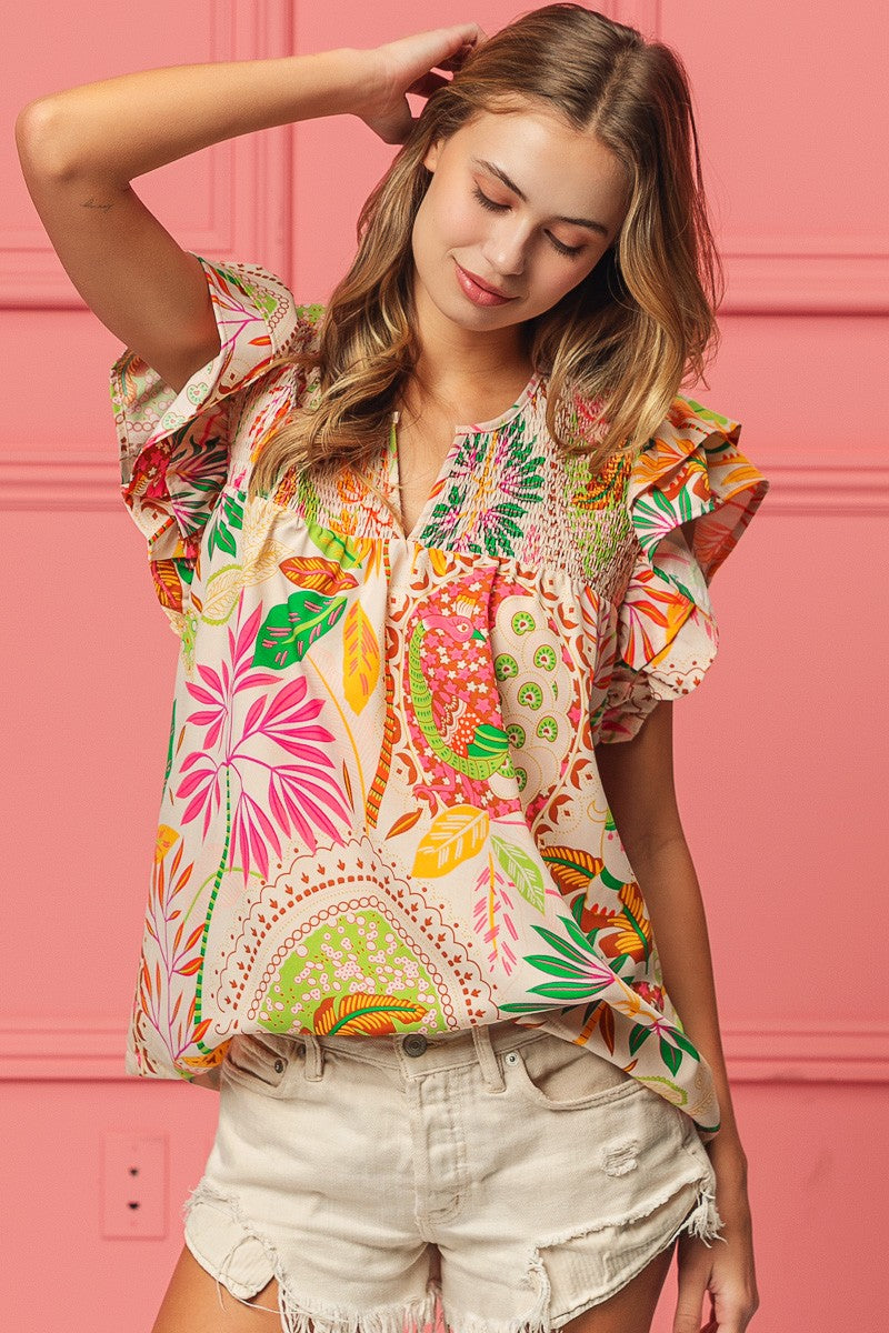 MIXED LEAVES PRINT SMOCKED V-NECK RUFFLE TOP