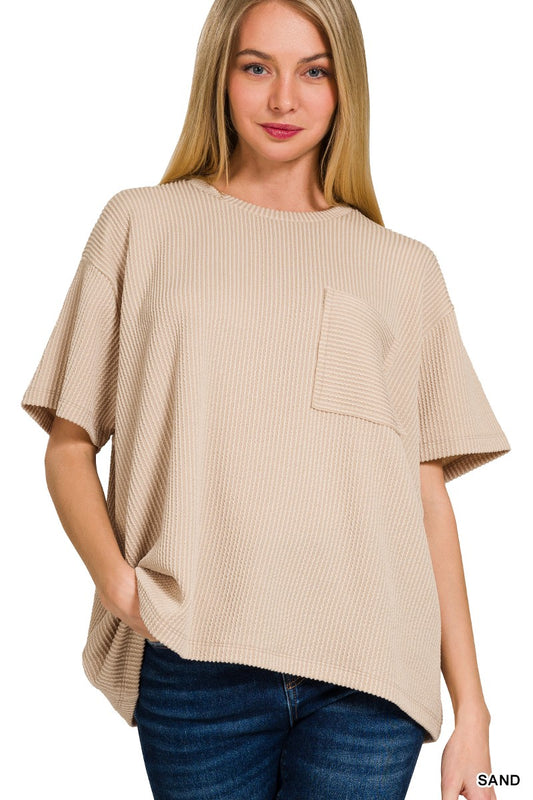 SAND CORDED RIB SHORT SLEEVE FRONT POCKET TOP