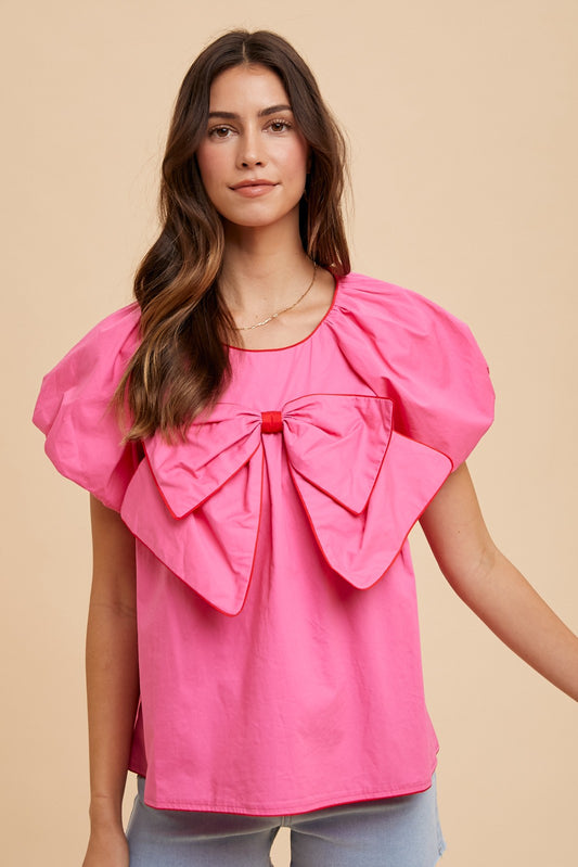 HOT PINK CONTRAST PIPING LARGE BOW BABYDOLL BLOUSE