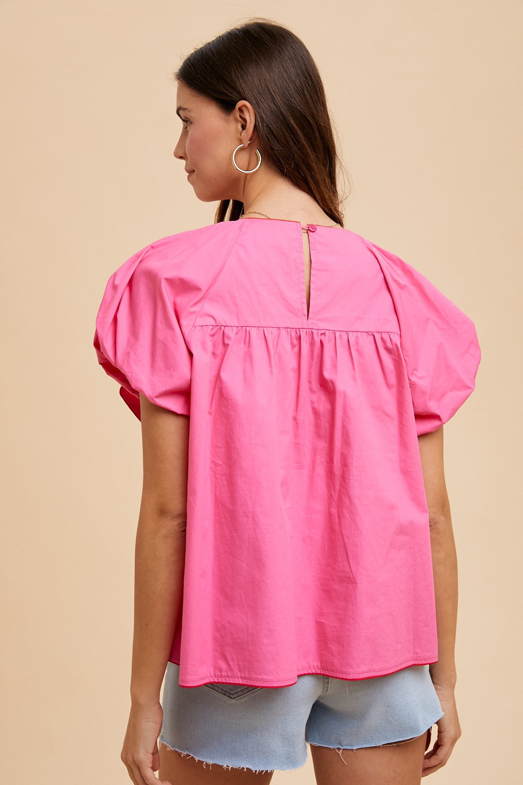 HOT PINK CONTRAST PIPING LARGE BOW BABYDOLL BLOUSE