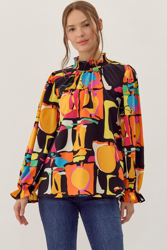 Abstract Print Smocked Neck Top