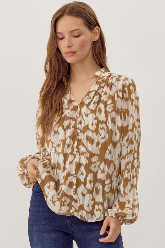 Taupe Abstract Print Chiffon Split Neck Top