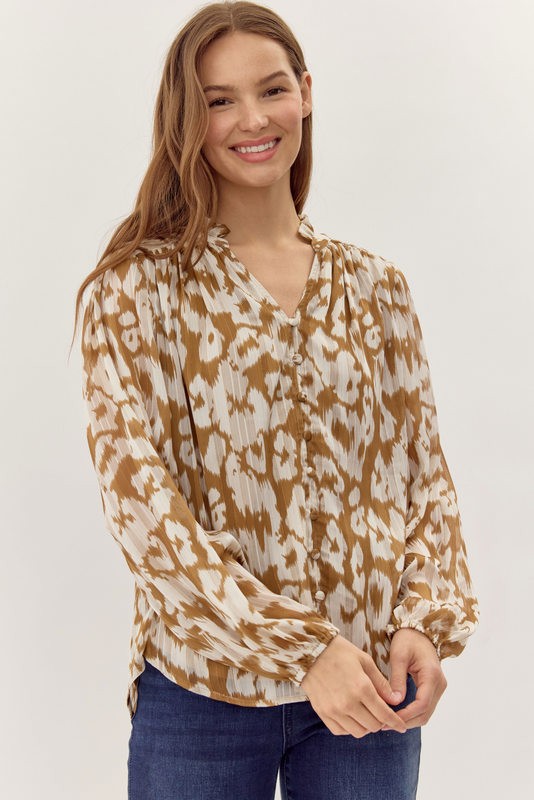 Taupe Abstract Print Chiffon Split Neck Top