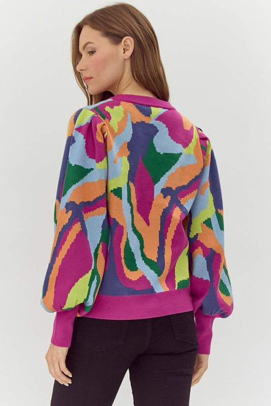 Multicolor Abstract Print Knit Pullover Top