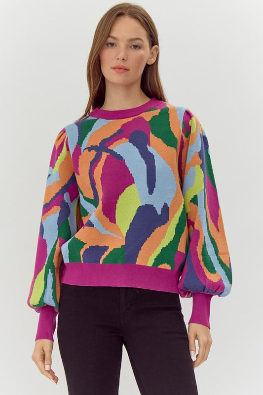 Multicolor Abstract Print Knit Pullover Top