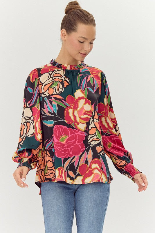 Flower Print Bubble Sleeve Top