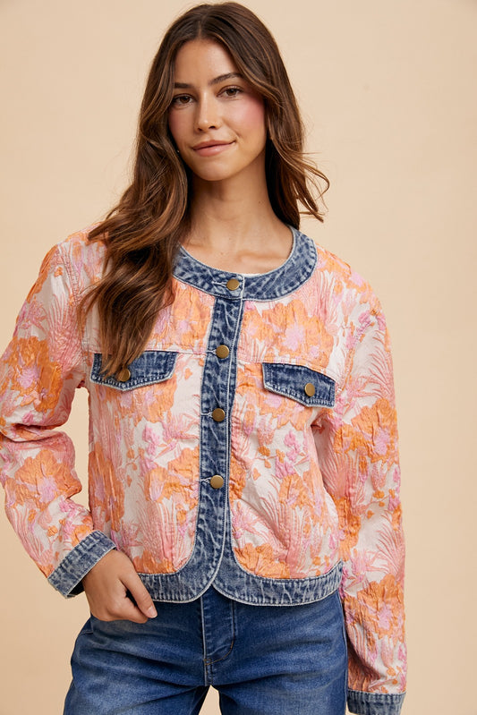 PINK AND CORAL FLORAL JACQUARD DENIM CONTRAST JACKET