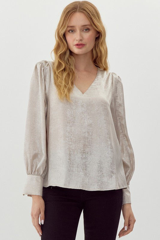 Pearl Material Puffed Long Sleeves Top