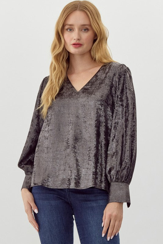 Black Shimmer Puffed Long Sleeves Top