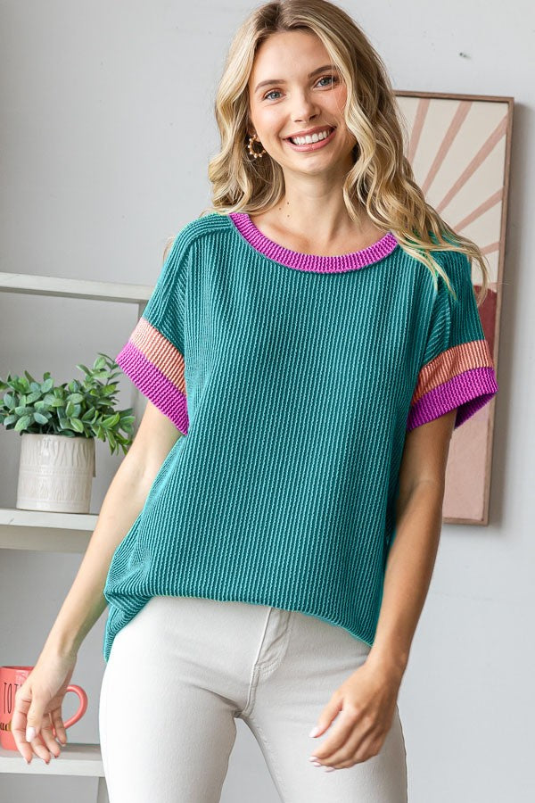 TEAL RIBBED COLOR BLOCK CONTRAST SHORT SLEEVE TOP