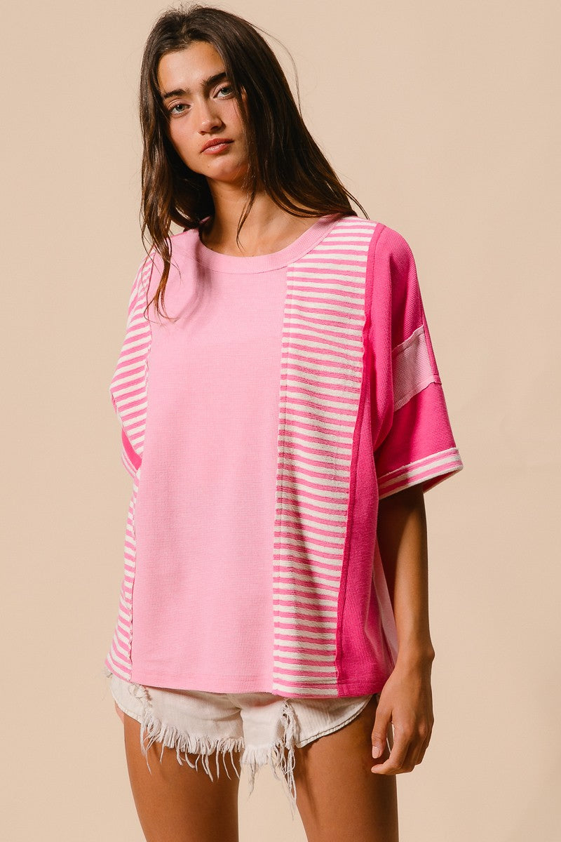 PINK AND WHITE MIX AND MATCH DOLMAN TOP