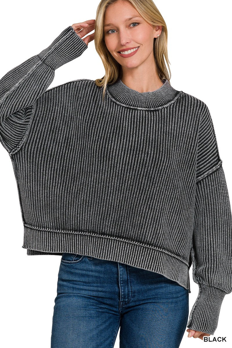 BLACK WASHED SIDE SLIT OVERSIZED CROPPED SWEATER