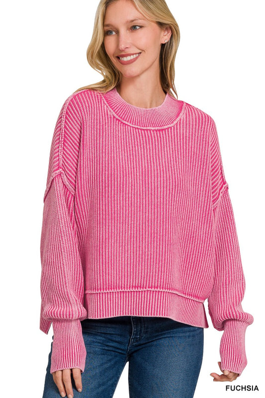 FUCHSIA WASHED SIDE SLIT OVERSIZED CROPPED SWEATER