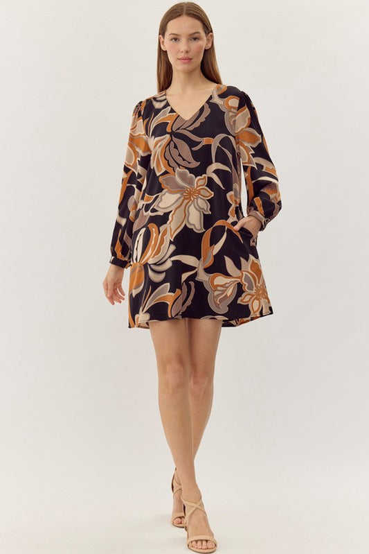 Fall Flower Print Pockets Dress