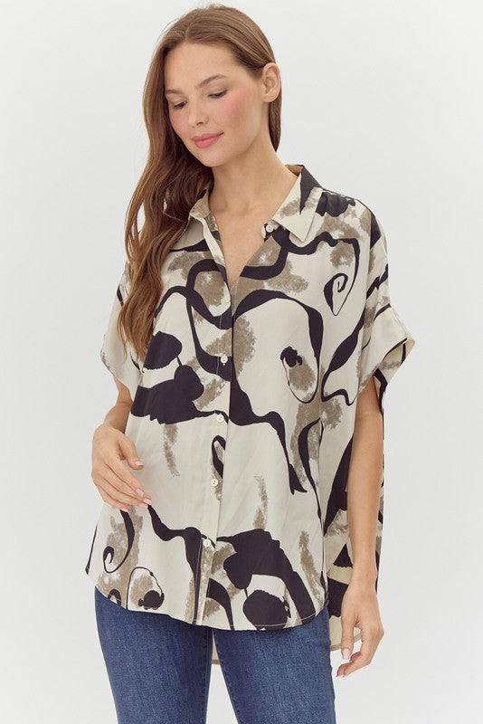 Swirl Print Collared Button-Up Top