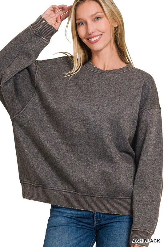 ASH BLACK ACID WASH OVERSIZED FLEECE PULLOVER