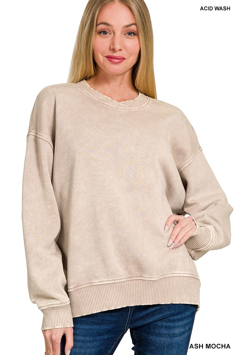 ASH MOCHA ACID WASH OVERSIZED FLEECE PULLOVER