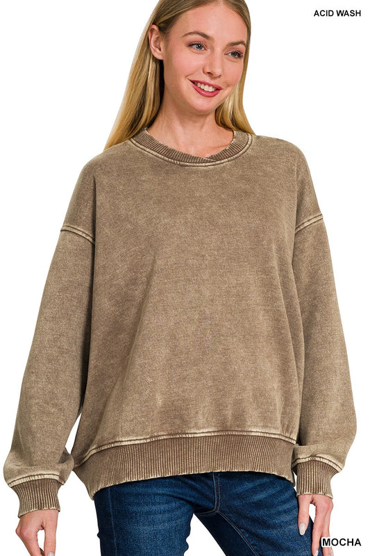 MOCHA ACID WASH OVERSIZED FLEECE PULLOVER