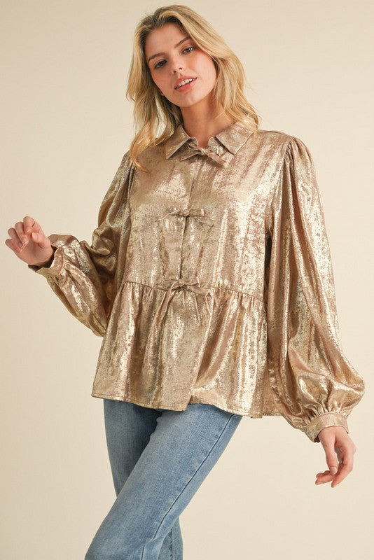 Gold Metallic Bow Tie Baby Doll Top