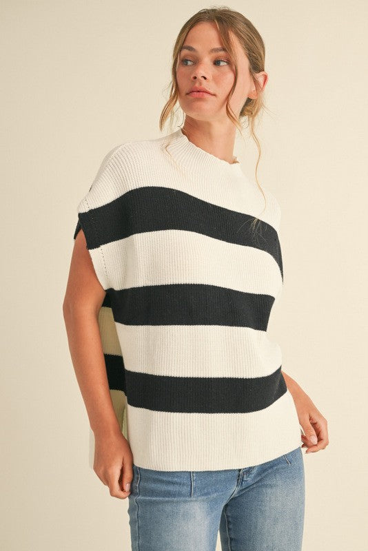 Short Sleeve Black Striped Sweater