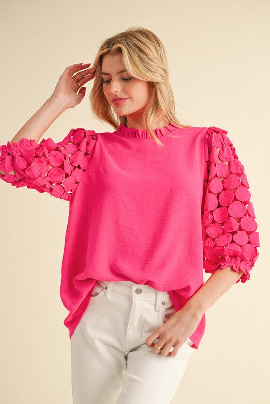 Hot Pink Dot Textured Lace 3/4 Sleeves Top