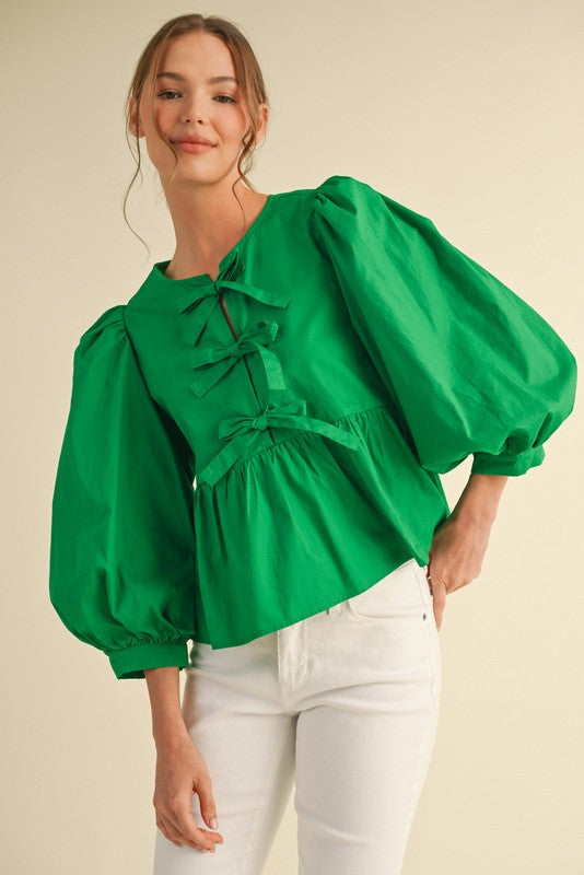 Kelly Green Bow Ties Peplum 3/4 Sleeves Top