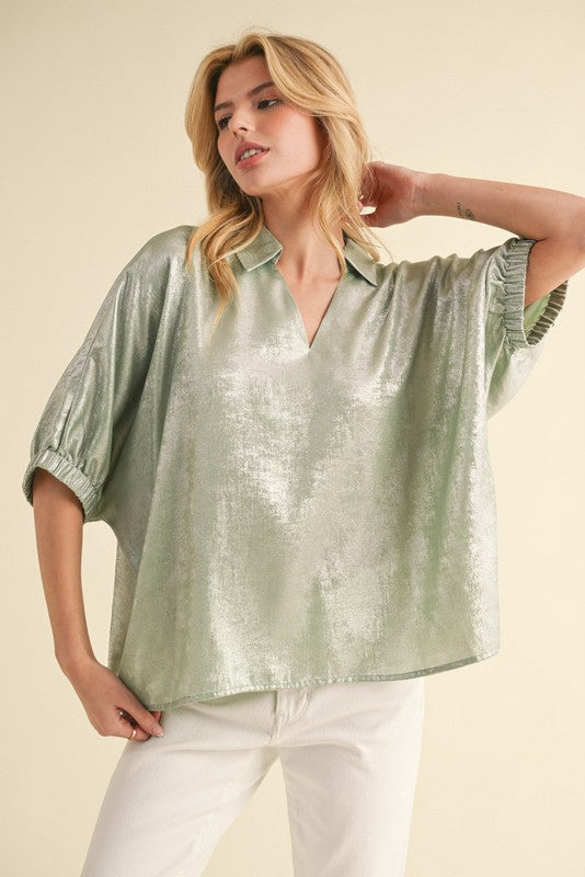 Sage Metallic 1/2 Dolman Sleeves Top