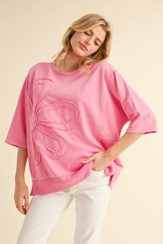 Pink Flower Embroidery 3/4 Dolman Sleeves Top