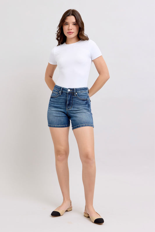 Medium Rinse Tummy Control Mid Length Shorts