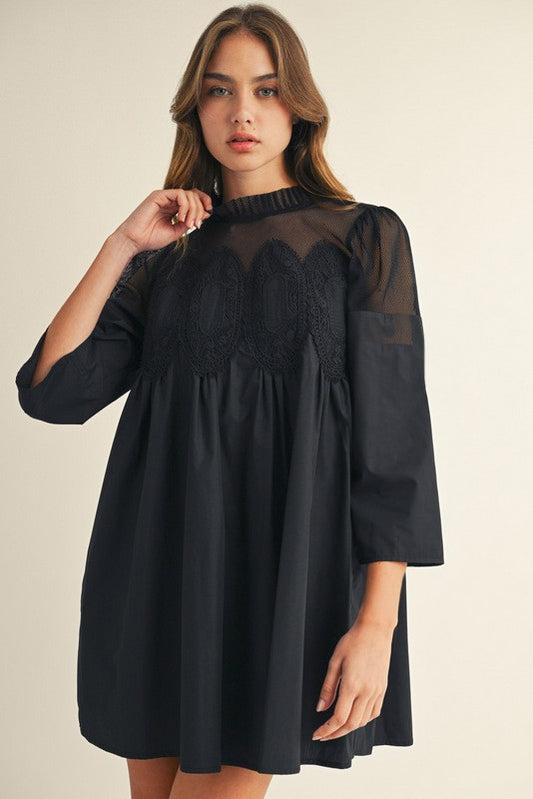 Black Crochet Lace Trim Accent Babydoll Dress