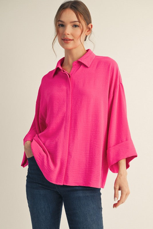 Hot Pink Fold Cuff Detail Button Down Top
