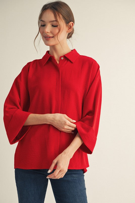Red Fold Cuff Detail Button Down Top